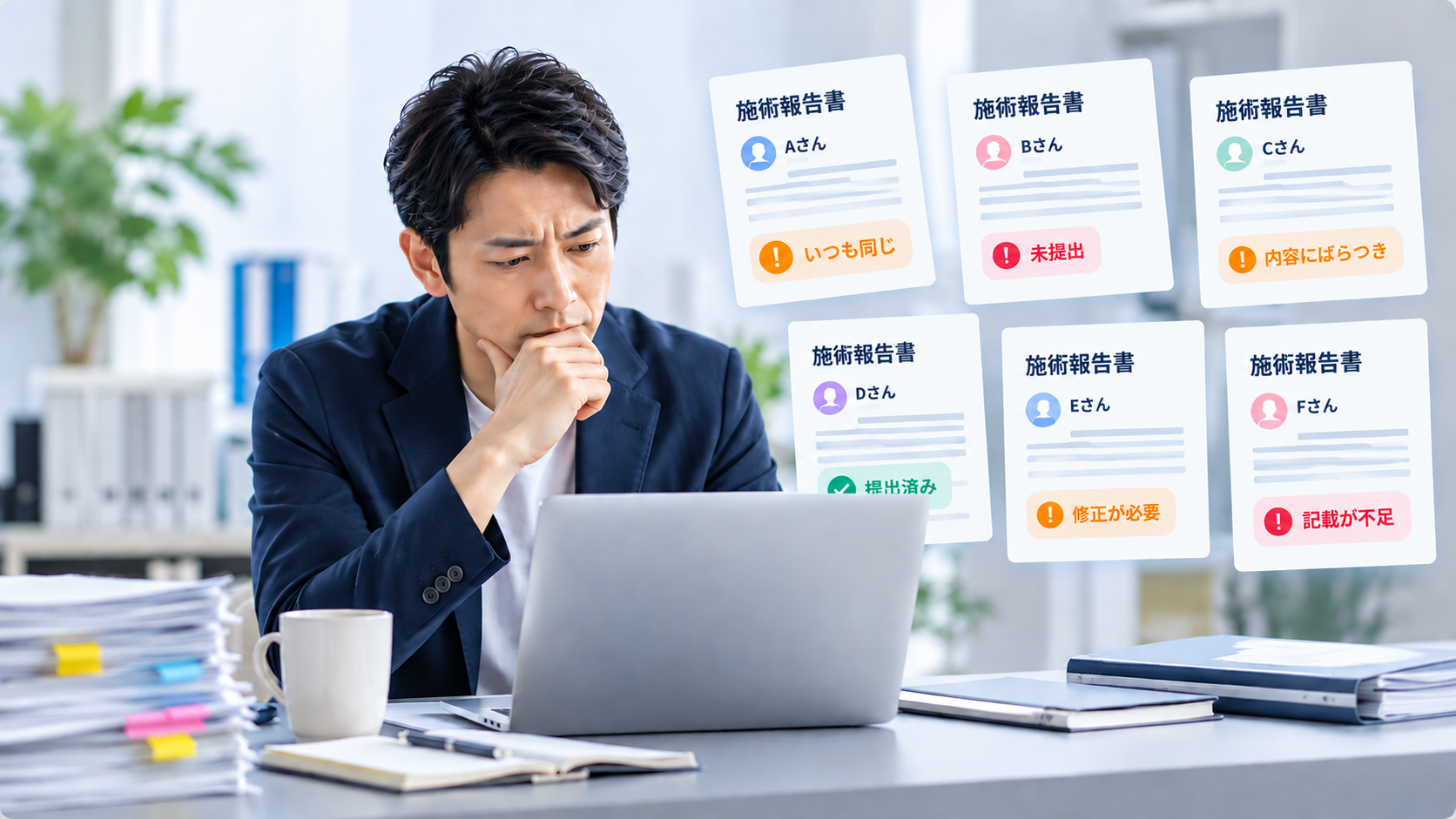 施術報告書の提出状況や内容のばらつきに悩む管理者